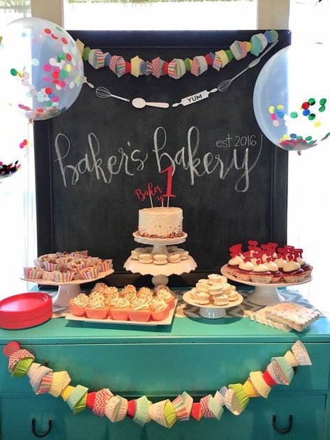 First Birthday Bakery Theme, Baking Birthday Party Decorations, Baking Party Decor, Baking Party Decorations, Bakery Party Theme, Cooking Birthday Party Ideas For Kids, Bake Off Party Ideas, Bakery Birthday Party Ideas, Bakery Themed Birthday Party