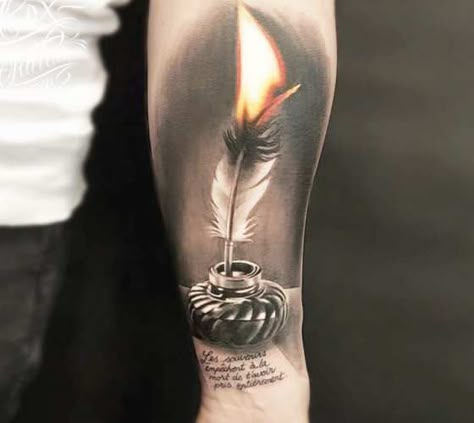 Amazing 2 colors realistic tattoo style of Fire feather motive done by tattoo artist Cox Tattoo Candle Tattoo, Flame Tattoos, Forearm Tattoo Design, Cool Forearm Tattoos, Geniale Tattoos, Feather Tattoo, Tattoos Designs, Feather Tattoos, Tattoo Life