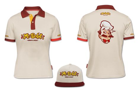 | Mascot logo design for fast food restaurant Cafe Tshirt Uniform, Cafe T Shirt Uniform Design, Uniform Restaurant Design, Uniform Logo Design, Uniform Shirt Design, Restaurant Uniforms Trendy, Uniform Cafe, Polo Shirt Design Uniform, Store Uniform