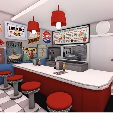 How To Make A Cash Register In Bloxburg, Mcdonalds Exterior Bloxburg, Bloxburg Restaurant Kitchen Ideas, Retro Cafe Bloxburg, Retro Bloxburg Room, Diner Bloxburg Codes, Bloxburg Food Stand Ideas, Bloxburg Diner Menu Decals, Bloxburg Fast Food Build Ideas