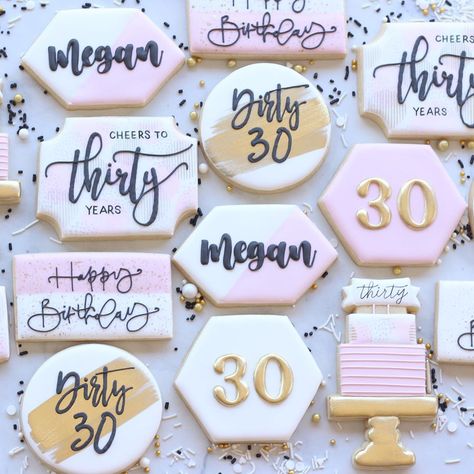 A Modern Cookie on Instagram: “Cheers to 30 Years, Birthday Edition! 💗🖤🤍✨ . From 30th anniversaries to 30th birthdays, custom cookies are for every occasion and I love…” 30 Birthday Cookies Decorated, Dirty 30 Cookies Women, Cheers To 30 Years Cookies, 30th Birthday Cookies Decorated, 30th Bday Cookies, 30th Birthday Cookies For Woman, 30th Cookies, 40 Birthday Cookies, 30th Birthday Sugar Cookies