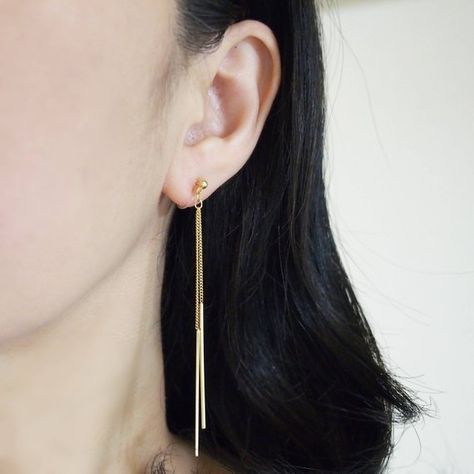 Gold Clip On Earrings, Dangle Invisible Clip On Earrings, Lightweight, Long, Chain Clip-on, Modern C Tiny Diamond Earrings, Diamond Star Earrings, Gold Ear Jacket, Non Pierced Earrings, Double Piercing, Jewelry Diamonds, Earring Designs, Tiny Stud Earrings, Earring Tree