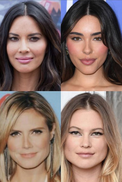 olivia munn, madison beer, heidi klum, and behati prinsloo, all dramatic natural classic style type based on theories by kitchener Face Structure, Best Beauty Tips, Plastic Surgery, You Changed, Aura, Facial, Classic Style, Beauty Hacks, Beauty