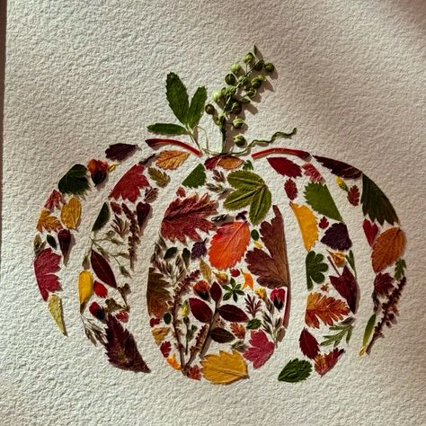 Pressed flower art Fall Pressed Flowers, Craft With Autumn Leaves, Pressed Fall Leaves, Pumpkin Collage Art, Fall Flower Crafts, Dried Leaf Crafts, Fall Handicrafts, Pressed Flower Pumpkin, Fall Leaf Collage