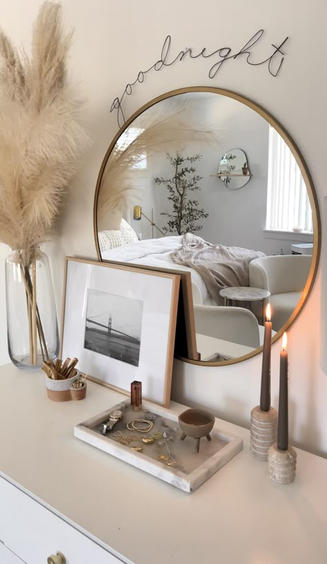 Bedroom Jewelry Display, Large Mirror Behind Nightstand, Bedroom Photo Decor Ideas, Dresser Wall Ideas, Aesthetic Bedroom Accessories, Office Without Windows Ideas, Mirrored Nightstand Decor, Dresser Top Decor Ideas, Aesthetic Dresser Decor