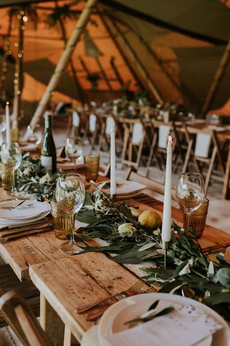 TIPI WEDDING TABLE DECOR : Table setting ideas, looks & inspiration for your tipi wedding! Tipi Party, Tipi Wedding Decor, Summer Wedding Table, Coloured Glassware, Wedding Table Display, Rustic Table Setting, Rustic Summer Wedding, Table Setting Ideas, Olive Branches