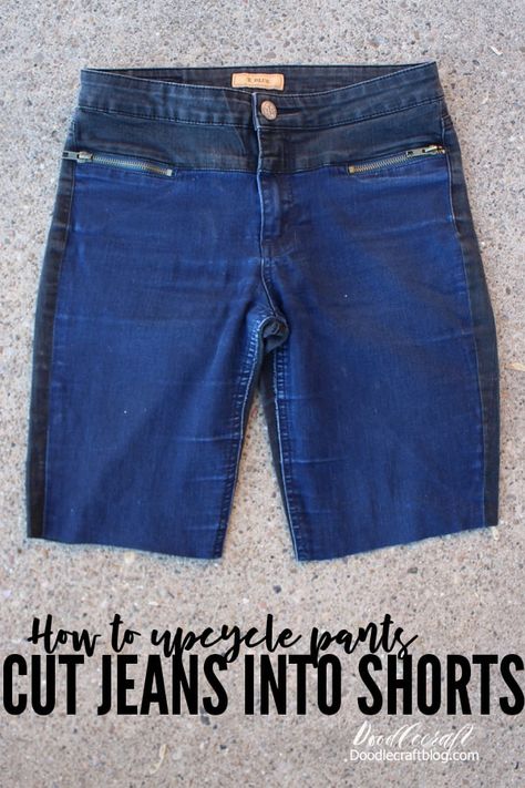 How to Upcycle Jeans into Bermuda Shorts DIY. Learn the proper technique for making cut-offs. Make them as long or short as you want with this simple process. How To Make Bermuda Shorts From Jeans, How To Make Cut Off Jean Shorts, Diy Bermuda Shorts, How To Cut Off Jeans Into Shorts, How To Cut Pants Into Shorts, How To Cut Jeans Into Shorts, Clothes Transition, Clothing Reconstruction, Pants Into Shorts