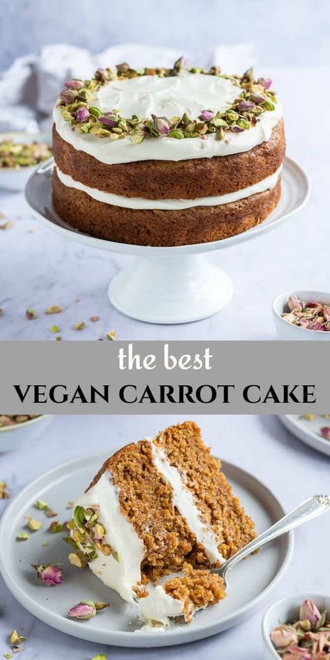 Easter Brunch Dessert, Dairy Free Carrot Cake, Vegan Carrot Cake Recipe, Spiced Carrot Cake, Crushed Pistachios, Carrot Tops, Vegan Cream Cheese Frosting, Vegan Carrot Cake, Carrot Spice Cake