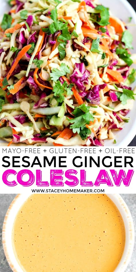 Mexican Slaw Recipe, Shredded Cabbage Recipes, Vegan Pulled Pork, Sesame Ginger Dressing, Vegan Coleslaw, Oil Free Vegan Recipes, Shredded Cabbage, Sesame Ginger, Ginger Dressing