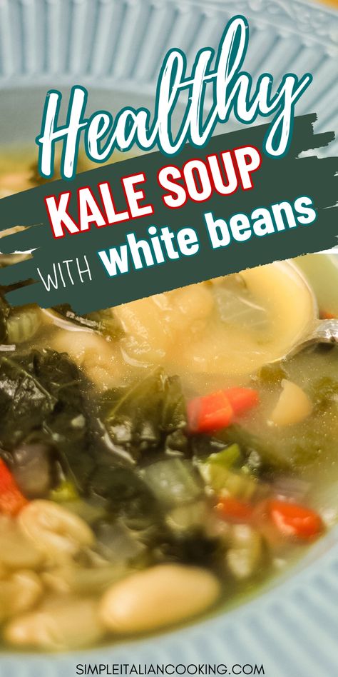 This healthy Italian creamy kale soup recipe uses cannellini white beans and is full of Italian flavors. It's one of my favorite ways to use kale. I mash or blend a bunch of the beans which are perfect for adding that creamy texture. Any type of kale will work. This Italian soup recipe is easy to make and can also be made using an instant pot or other pressure cooker. via @simpleitalian Kale And Cannellini Bean Soup, Creamy Kale Soup, Soups With Kale In It, White Bean And Kale Soup, Quick Italian Recipes, Cannellini Beans Soup, Mediterranean Soup, Italian Appetizers Easy, Kale Soup Recipes