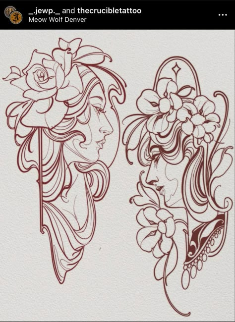 Art Deco Woman Tattoo, Neotrad Lady Face, Artneuvo Design, Neo Romanticism Tattoo, Neotraditional Tattoo Design Sketch, Pretty Flower Tattoos For Women, Art Noveau Tattoos Women, Neo Trad Leaves, Art Nouveau Tattoo Woman