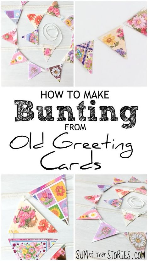 Upcycled Greeting Card Bunting — Sum of their Stories Craft Blog How To Make Bunting, Recycle Christmas Cards, Make Bunting, Happy Birthday Cards Printable, Old Greeting Cards, Recycled Cards, Old Cards, Greeting Card Craft, Christmas Card Crafts