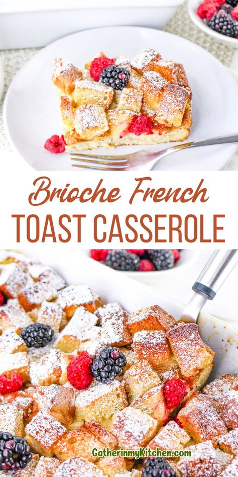 This delicious brioche French toast casserole is the perfect breakfast casserole idea for a weekend breakfast or brunch or Christmas brunch. Brunch Ideas French Toast, Brioche Bread French Toast Casserole, French Toast Casserole For A Crowd, Easy Brioche French Toast Recipe, Breakfast With Brioche Bread, Brioche French Toast Casserole Easy, Brioche Casserole Breakfast, Brioche Bread Breakfast Ideas, Brioche Bread Casserole