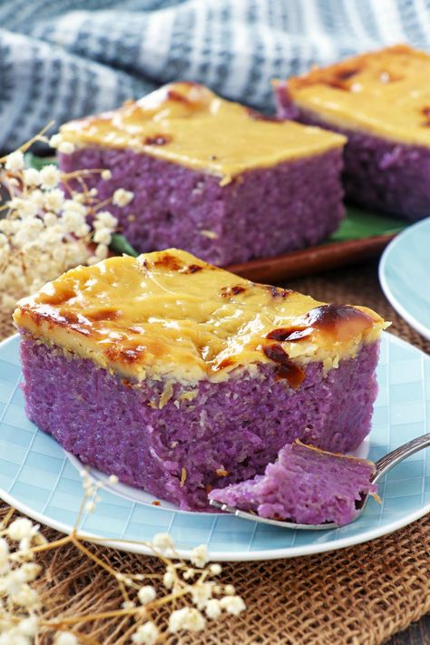 Ube Biko, Biko Recipe, Foxy Folksy, Sticky Rice Cake, Ube Recipes, Sweet Sticky Rice, Cassava Cake, Filipino Food Dessert, Purple Yam