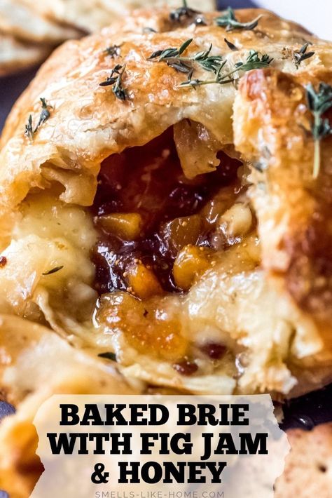 Baked Brie In Puff Pastry With Apricot Jam, Baked Brie Apricot Jam, Brie And Fig Puff Pastry, Baked Brie In Puff Pastry Honey, Baker Brie Recipe, Puff Pastry Wrapped Brie, Baked Brie In Puff Pastry With Jam, Brie Wrapped In Puff Pastry, Baked Brie With Fig Jam