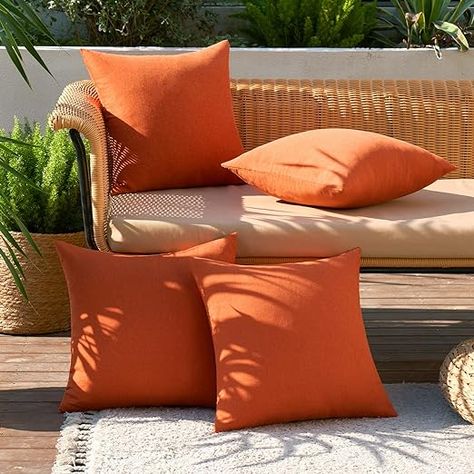 Pack of 4 Decorative Fall Throw Pillow Covers Outdoor Linen Waterproof Pillow Covers Farmhouse Cushion Cases for Patio Garden Tent Balcony Couch Sofa 18x18 inch Orange Balcony Couch, Green Outdoor Pillows, Garden Tent, Fall Throw Pillow, Fall Packing, Orange Cushions, Fall Throw Pillows, Outdoor Throw Pillow, Patio Spaces