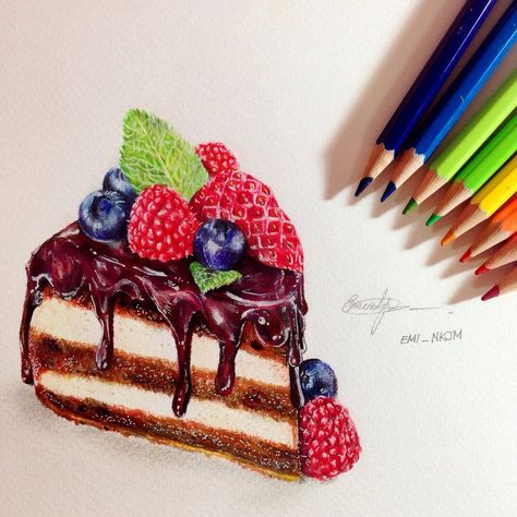 Cake by eminkjm Drawing Cake, Food Art Painting, Cupcake Drawing, Cake Drawing, Copic Marker Art, Prismacolor Art, Boho Art Drawings, Colored Pencil Artwork, Food Illustration Art