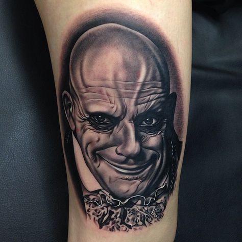 Uncle Fester Tattoo by Justin Burnout Uncle Fester Tattoo, Ster Tattoo, Addams Family Tattoo, Uncle Fester, Family Tattoos, Portrait Tattoo, Tattoos For Women, Tatting, Pop Culture