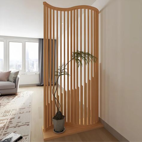 Sleek Surface Designs Curved Nan Bamboo Screen Divider | Wayfair Wood Room Separator, Scandinavian Store Design, Studio Apartment Bedroom Divider, Bamboo Panels Wall, Japandi Room Divider, Partition Screen Space Dividers, Wooden Separator Wall Dividers, Wood Divider Wall Interior Design, Modern False Ceiling Design For Hall