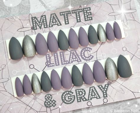 Nails Gray, Matte Acrylic Nails, Nails Grey, Faux Nails, Teen Nails, Lilac Gray, Grey Lilac, Acrylic Nail Shapes, Black Acrylic Nails