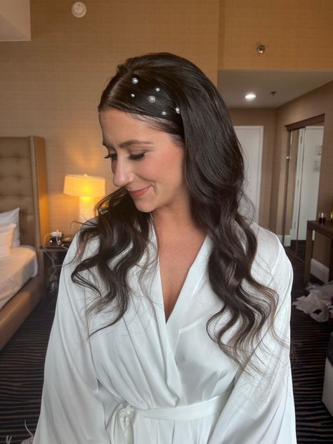 Bride bridal waves pearls soft waves Wedding Hair Down With Pearls, Hair Down With Pearls, Bridal Hairstylist, Pearl Bride, Wedding Glam, Beach Wave Hair, Wedding Hair Down, Soft Waves, Glam Wedding