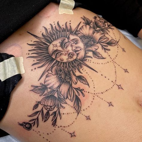 Sun and Moon sternum tattoo I designed for a client a little while ago. (Swipe right for more)✨ | Instagram Stomach Sternum Tattoos Women, Women’s Tummy Tattoos, Sun Moon Chest Tattoo, Sun And Moon Chest Tattoo Female, Sternum Tattoo Cover Up, Sternum Tattoo Women Mandalas, Tattoos For Cover Ups Ideas, Moon Sternum Tattoo Women, Underboob Tattoos For Women Unique