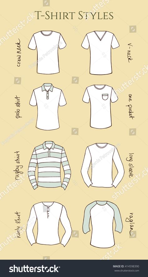 Different Types Of Shirts Men, Types Of T Shirts Men, Clothing Design Sketches Male, Type Of Shirt, Fashion Knowledge, T Shirt Sketch, Drawing T Shirt, Mens Printed T Shirts, Shirt Sketch