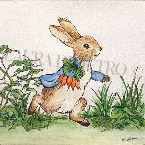 "This is a beautiful set of four prints of my original watercolor, gouache, and ink paintings, that feature Mr. Peter Rabbit, Mr. Benjamin Bunny, Ms. Jemima Paddleduck, and Mr. Jeremy Fisher, from the classic Beatrix Potter children's literature \"The Tale of Peter Rabbit.\" The print sets (of 4 prints each) are available in two square sizes, 5 x 5 inches and 7 x 7 inches. You will receive four smudge-proof, fade-resistant, and vibrantly colored prints of my original artwork that will last forever under a glass frame. These illustrations are incredibly unique and you will NOT find them anywhere else as I hand drew and painted these, and they are not the usual reproduction of an older print. These are paper prints that are meant to be framed for protection and longevity.  **Please note that Beatrix Potter Peter Rabbit Illustrations, Peter Rabbit Illustration Beatrix Potter, How To Draw Beatrix Potter Characters, Beatrix Potter Rabbit, How To Draw Peter Rabbit Step By Step, Peter Rabbit Watercolor Paintings, Beatrix Potter Illustrations Printable, Peter Rabbit Drawing, Peter Rabbit Painting