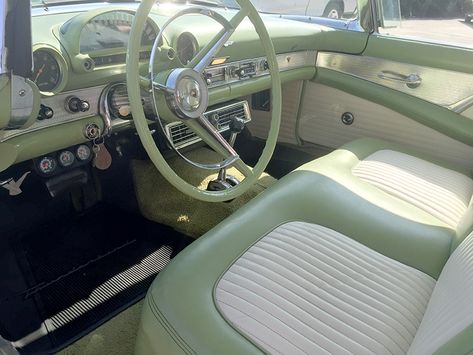 1956 Ford Thunderbird Convertible, 1956 Ford Thunderbird Sage Green, Sage Green Car Interior, Green Car Interior, Sage Green Car, Mint Green Car, Vintage Car Interior, 1956 Ford Thunderbird, Old Vintage Cars