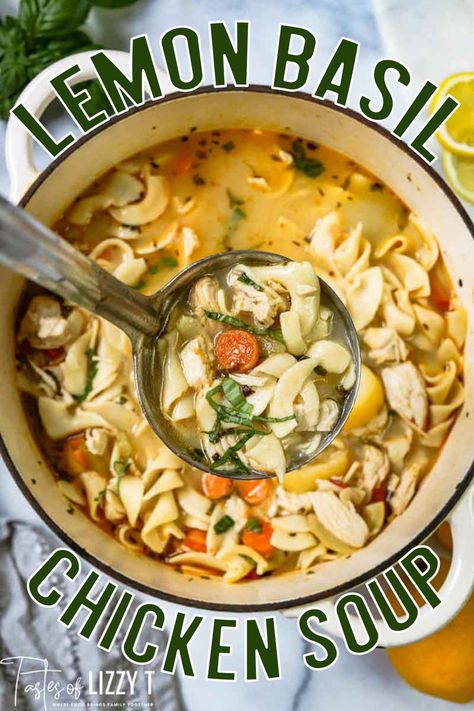 Have this delicious Lemon Basil Chicken Noodle Soup on the table in under 40 minutes. It’s the ultimate in comfort food! Lemon Basil Chicken Noodle Soup, Lemon Basil Chicken Soup, Basil Chicken Soup, Soup Night, Basil Soup Recipe, Lemon Basil Chicken, Dill Chicken, Easy Chicken Soup, Turmeric Soup