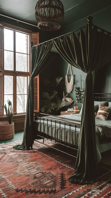 40+ Elegant Dark Green Bedroom Designs to Elevate Your Decor Color Drenching Green Bedroom, Dark Academia Canopy Bed, Dark Green Gothic Bedroom, Dark Academia Green Bedroom, Curtain Beds, Green Canopy Bed, Green Gothic Bedroom, Fantasycore Aesthetic, Dark Green Bedrooms