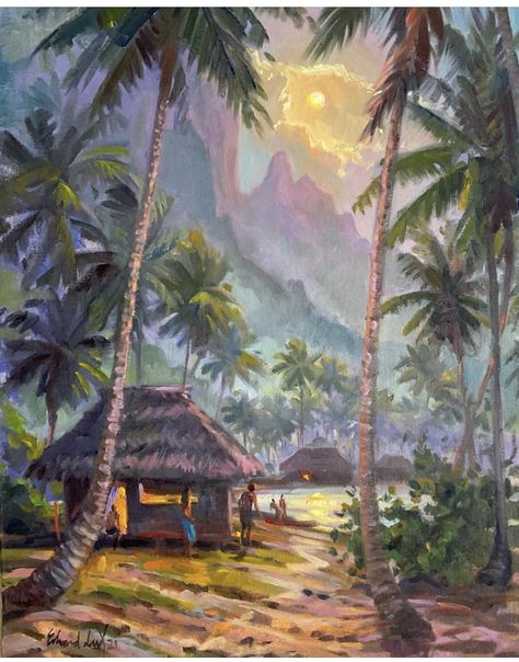 Polynesian Art Paintings, Village Reference, Tropical Beach Painting, Costa Rica Art, Island Painting, Island Artwork, Conceptual Model Architecture, Latino Art, Polynesian Art