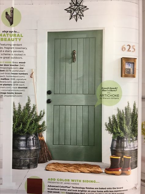 Artichoke by Sherman williams Outdoor Shutter Paint Colors, Earthy Green Front Door, Sage Front Door Colors, Green Front Door Tan House, Sw Artichoke Paint, Green Front Door Colors Sherwin Williams, Sherwin Williams Green Front Door, Sage Green Doors Exterior, Sage Green Front Door Colors