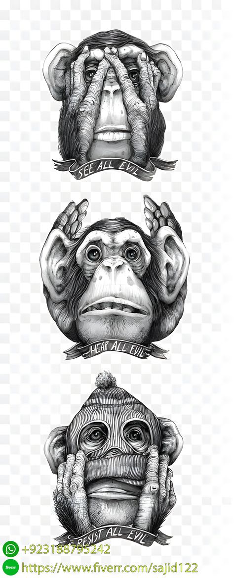 Pat Perry, Three Monkeys, See Tattoo, Gorilla Tattoo, Monkey Tattoos, Three Wise Monkeys, Wise Monkeys, Monkey Art, Tattoo Design Drawings