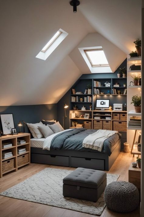 20 Creative Solutions For Small Attic Bedrooms With Low Ceilings – ToolzView Slope Roof Bedroom Interior, Lofted Ceiling Bedroom, Bedroom In Loft Space, Bedrooms With Eaves, Tiny Attic Ideas Low Ceilings, Slanted Wall Room Ideas, Loft Master Bedrooms Decor, Low Ceiling Loft Bedroom, Low Ceiling Loft Ideas