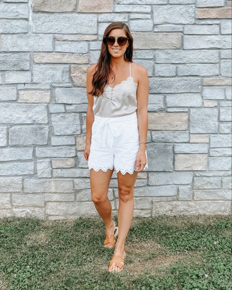 A great neutral summer look with eyelet shorts and a lace bodysuit. #outfitinspo #summeroutfit #eyelet #shorts #bodysuit #lace Shorts Bodysuit, Lace Denim Shorts, Feminine Outfits, Eyelet Shorts, Shorts Outfit, Mobile Web, Feminine Dress, White Eyelet, Feminine Outfit