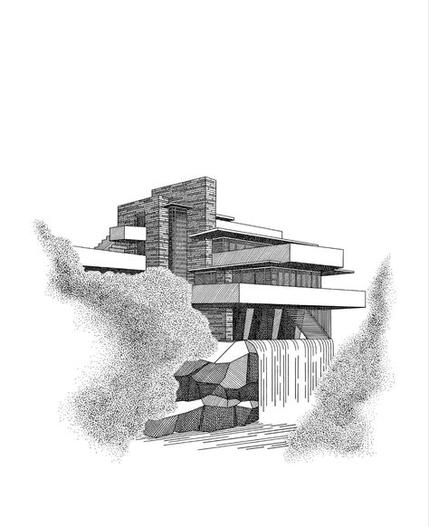 Architecture Drawing 
Architecture Illustration 
Falling Water pen Art Frank Lloyd Wright Architecture Drawings, Drawings Of Architecture, Falling Water Frank Lloyd Wright Sketch, Waterfall House Frank Lloyd Wright, Falling Water House Drawing, Falling Water Sketch, Frank Lloyd Wright Sketches, Architecture Doodle, Drawing Falling