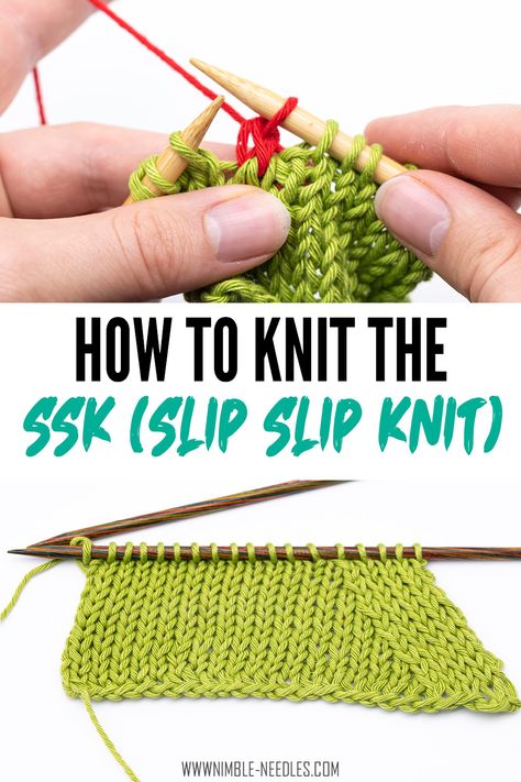 A step by step tutorial on how to knit the ssk knitting decrease. Slip slip slip creates a left-slanting decrease and is rather easy to knit. Here's a step by step video tutorial for beginners Whip Stitch Knitting, Knit Increases And Decreases, How To Decrease Knitting Stitches, Knitting Ssk Stitch, Knitting Decreases Tutorials, Knit Decrease Stitches, Ssk In Knitting How To, Decrease Knitting Stitches, Knitting Slip Stitch