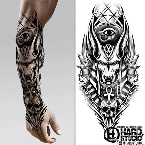 Tattoo Crane, Voll Arm-tattoos, Half Sleeve Tattoos Sketches, Skull Drawings, Egyptian Tattoo Sleeve, Anubis Tattoo, Skull Sleeve Tattoos, Forearm Band Tattoos, Egypt Tattoo