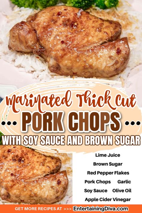 Marinated Thick Cut Pork Chops With Soy Sauce & Brown Sugar | Recipes Soy Sauce Pork Chops, Marinades For Pork Chops, Brown Sugar Pork Chops In The Crock Pot, Marinade For Pork Chops, Thick Cut Pork Chop Recipes, Thick Pork Chop Recipe, Thick Cut Pork Chops, Brown Sugar Pork Chops, Pork Chop Marinade