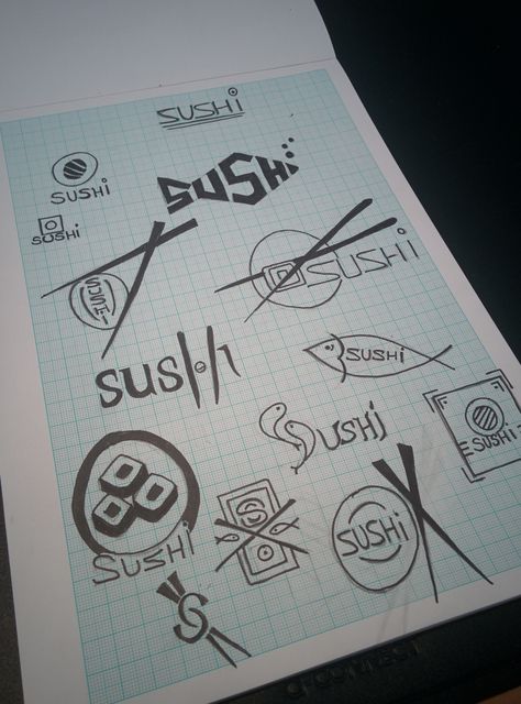 Sushi Logo Design Sketches and drawings concepts Sushi Restaurant Logo Design, Sushi Restaurant Branding, Sushi Branding Design, Sushi Logo Design Ideas, Logo Drawing Ideas, Sushi Restaurant Logo, Sushi Logo Design, Logo Design Sketch, Sushi Branding