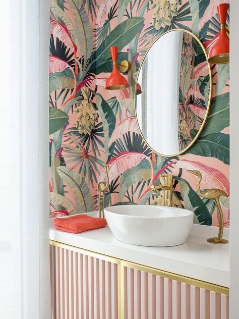 Bathroom Wallpaper Modern, Art Deco Style Interior, Aesthetic Interior Design, Modern Wallpaper Designs, Tropical Bathroom, Eclectic Bathroom, Tropical Wallpaper, Half Bathroom, Bathroom Wallpaper