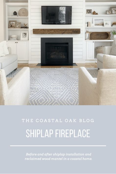 Shiplap fireplace makeover with reclaimed wood mantel in a coastal home. #fireplace #fireplacemakeover #diyfireplace #diyshiplap #shiplapdiy #shiplapfireplace #reclaimedwood #woodbeammantel #fireplacemantel Shiplap Fireplace With Bookshelves, White Shiplap Fireplace With Wood Mantle, Disco Fireplace, Ship Lapped Fireplace, Shiplap Fireplace With Built Ins, Shiplap Fireplace With Wood Mantle, White Shiplap Fireplace, Coastal Fireplace Ideas, Fireplace With Shiplap