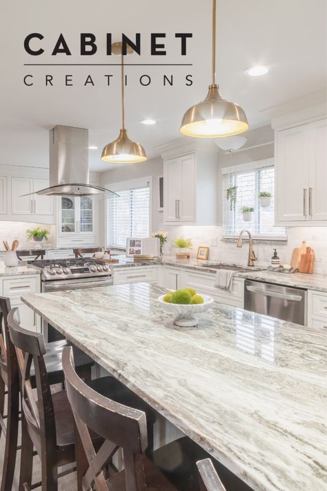 Kitchen with white shaker style cabinetry and quartzite countertop. Fantasy Brown Granite Kitchen White Cabinets, Fantasy Brown Countertops, Quartzite Kitchen Island, Fantasy Brown Quartzite, Fantasy Brown Granite, Grey Island, White Quartzite Countertops, Quartzite Kitchen, White Cabinets White Countertops