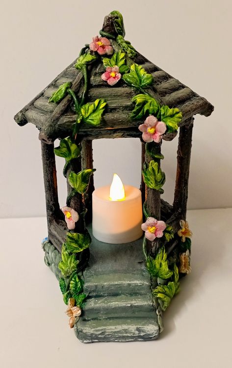 Clay Showpiece, Diy Clay Lantern, Ceramic Lantern Ideas, Lantern Ceramic Ideas, Polymer Clay Candle Holder Tea Lights, Clay Lanterns Ceramics, Clay Fairy House Tea Lights, Clay Tealight House, Clay Art For Kids