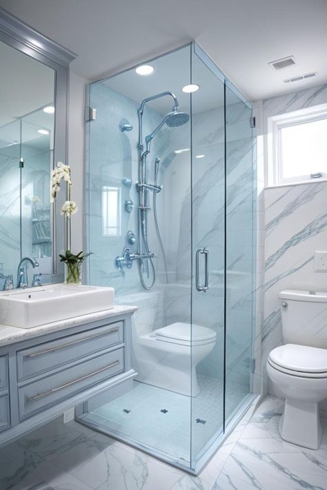 Experiment with this precise design and furniture in your own area using AI HomeDesign with just one click!Silver, blue, white, grey, cream, sky, bathroom, glass, shower, stall, toilet, premium, design, exquisitely, throne#BathroomDesign #GlassShower #PremiumStyle #SilverDecor #BlueColorScheme #ThroneRoom #ExquisiteDesign #CreamAndBlue #SkyBlueDecor #AIHomeDesign White Grey And Blue Bathroom, Glass Shower Stall, Dream Bathroom Luxury, Sky Bathroom, Creative Bathroom Ideas, Coastal Bathroom Design, Navy Living, Bathroom Design Small Modern, Bathroom Interior Design Modern