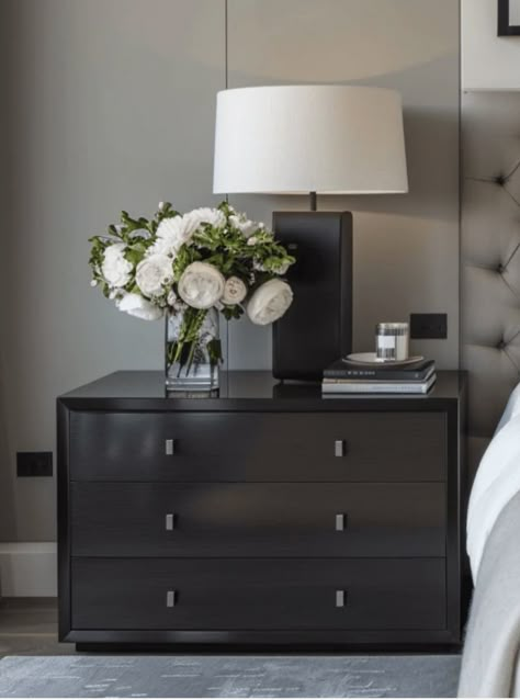 Black Bedside Table Styling, Black Mood Board, Bedside Table Black, Bedside Table Styling, Chic Beach House, Bedside Table Decor, House Decor Inspiration, Side Table Styling, Black And White Bedroom