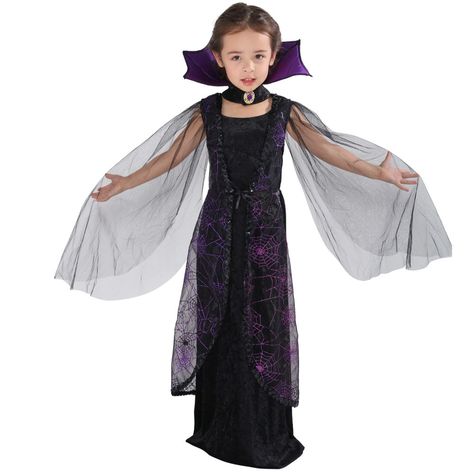 Halloween Fancy Dress Kids, Vampire Costume Kids, Girls Vampire Costume, Vampire Cosplay, Purple Spider, Crazy Party, Halloween Kids Costumes Girls, Bat Costume, Lace Cape