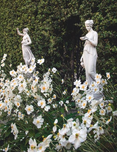 White Flowers, Statue, Flowers, Green, White