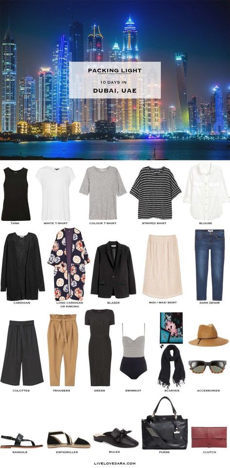 What to Pack for Dubai UAE Packing Light List #packinglist #packinglight #travellight #travel #livelovesara #capsule #capsulewardrobe What To Pack For Dubai, Dubai Outfits Ideas, Dubai Holiday, Dubai Outfit, Swimming With Dolphins, Dubai Outfits, Dubai Holidays, Cardigan Blazer, Dubai Style